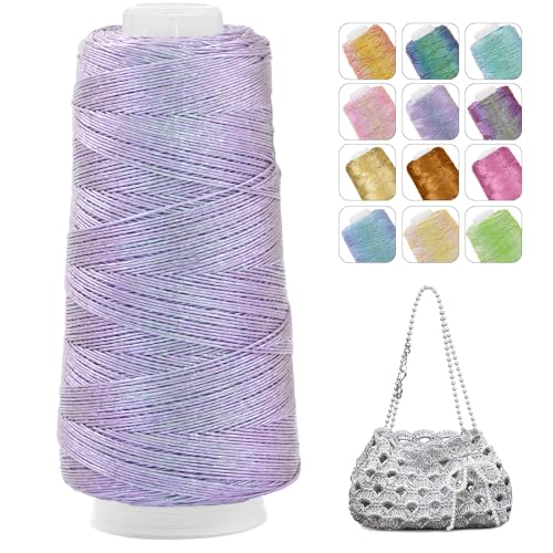 CAMAL Glitzer Makramee Garn 1mm x 475m Metallic-Garn zum Häkeln, 200g Luxuriöses Polyester Garn 3-lagiger Kern Häkelgarn für Taschen, Mützen, DIY Dekorationen (Buntes Violett) von CAMAL