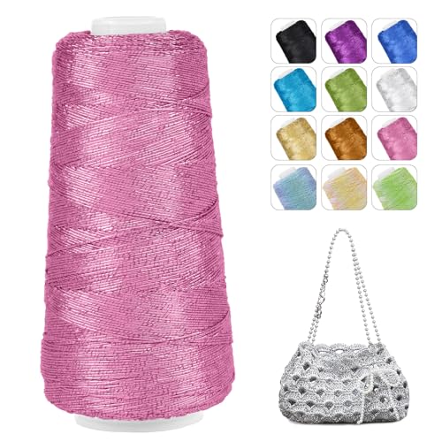 CAMAL Glitzer Makramee Garn 1mm x 475m Metallic-Garn zum Häkeln, 200g Luxuriöses Polyester Garn 3-lagiger Kern Häkelgarn für Taschen, Mützen, DIY Dekorationen (Rosa) von CAMAL