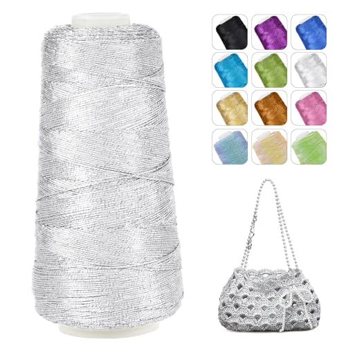 CAMAL Glitzer Makramee Garn 1mm x 475m Metallic-Garn zum Häkeln, 200g Luxuriöses Polyester Garn 3-lagiger Kern Häkelgarn für Taschen, Mützen, DIY Dekorationen (Silber) von CAMAL
