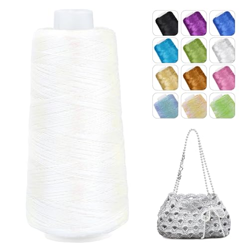 CAMAL Glitzer Makramee Garn 1mm x 475m Metallic-Garn zum Häkeln, 200g Luxuriöses Polyester Garn 3-lagiger Kern Häkelgarn für Taschen, Mützen, DIY Dekorationen (Weiß) von CAMAL