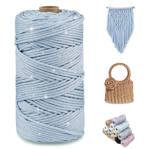 CAMAL Glitzern Makramee Garn 2mm x 150m Metallisch Garn für Taschen Häkeln & Stricken, Polyester Rope Luxus Häkelgarn für Taschen, Puppen, Decken, DIY-Dekoration (Himmelblaues Silber) von CAMAL