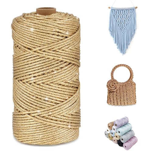 CAMAL Glitzern Makramee Garn 2mm x 150m Metallisch Garn für Taschen Häkeln & Stricken, Polyester Rope Luxus Häkelgarn für Taschen, Puppen, Decken, DIY-Dekoration (Kupfer-Gold) von CAMAL