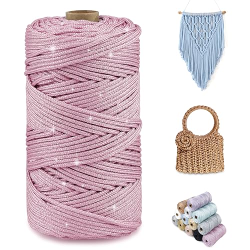 CAMAL Glitzern Makramee Garn 2mm x 150m Metallisch Garn für Taschen Häkeln & Stricken, Polyester Rope Luxus Häkelgarn für Taschen, Puppen, Decken, DIY-Dekoration (Rosa-Silber) von CAMAL