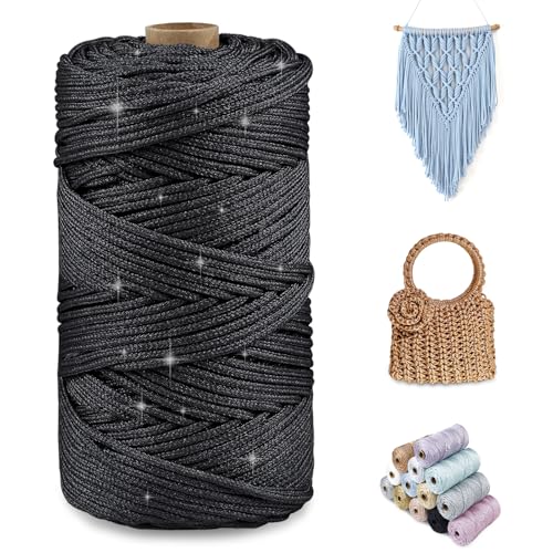CAMAL Glitzern Makramee Garn 2mm x 150m Metallisch Garn für Taschen Häkeln & Stricken, Polyester Rope Luxus Häkelgarn für Taschen, Puppen, Decken, DIY-Dekoration (Schwarz) von CAMAL