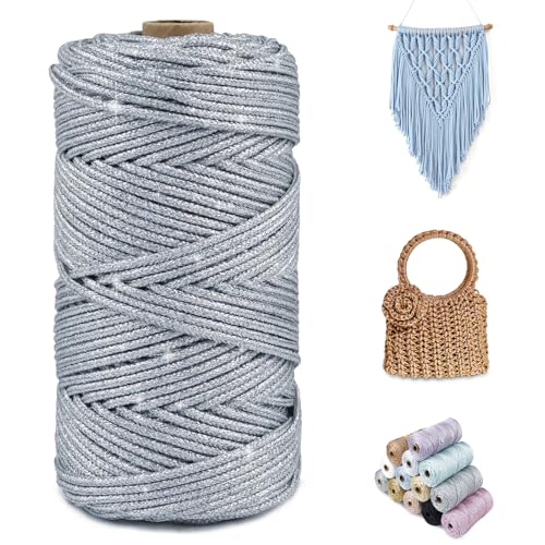 CAMAL Glitzern Makramee Garn 3mm x 100m Metallisch Garn für Taschen Häkeln & Stricken, Polyester Rope Luxus Häkelgarn für Taschen, Puppen, Decken, DIY-Dekoration (Buntes Silber) von CAMAL