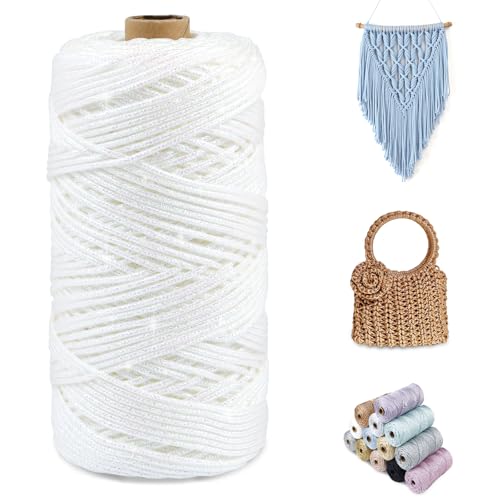CAMAL Glitzern Makramee Garn 3mm x 100m Metallisch Garn für Taschen Häkeln & Stricken, Polyester Rope Luxus Häkelgarn für Taschen, Puppen, Decken, DIY-Dekoration (Buntes Weiß) von CAMAL