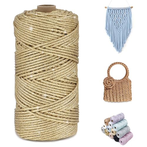 CAMAL Glitzern Makramee Garn 3mm x 100m Metallisch Garn für Taschen Häkeln & Stricken, Polyester Rope Luxus Häkelgarn für Taschen, Puppen, Decken, DIY-Dekoration (Champagner-Gold) von CAMAL