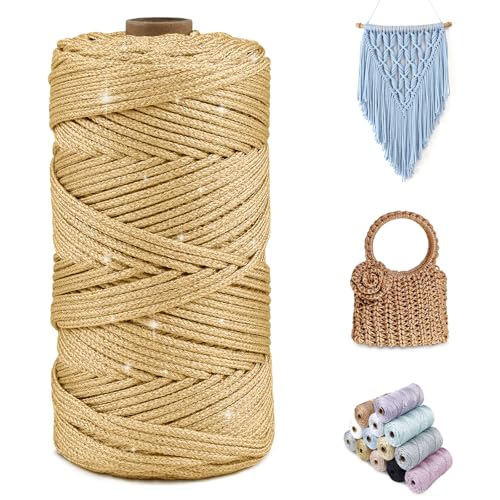 CAMAL Glitzern Makramee Garn 3mm x 100m Metallisch Garn für Taschen Häkeln & Stricken, Polyester Rope Luxus Häkelgarn für Taschen, Puppen, Decken, DIY-Dekoration (Helles Champagner-Gold) von CAMAL