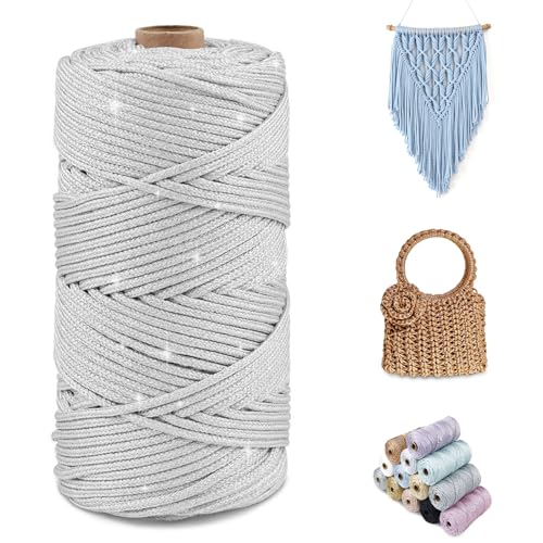 CAMAL Glitzern Makramee Garn 3mm x 100m Metallisch Garn für Taschen Häkeln & Stricken, Polyester Rope Luxus Häkelgarn für Taschen, Puppen, Decken, DIY-Dekoration (Helles Silber) von CAMAL