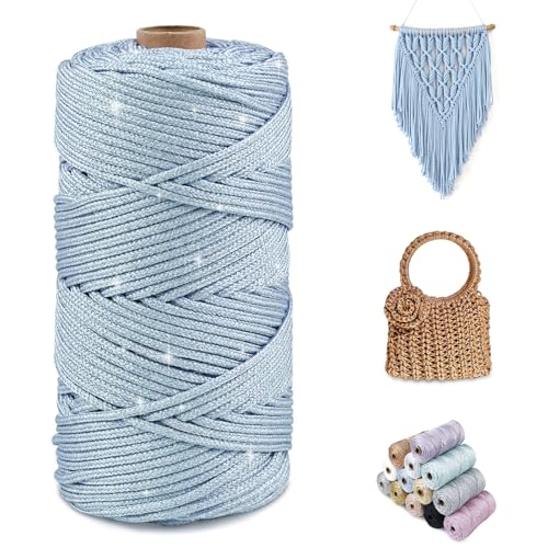 CAMAL Glitzern Makramee Garn 3mm x 100m Metallisch Garn für Taschen Häkeln & Stricken, Polyester Rope Luxus Häkelgarn für Taschen, Puppen, Decken, DIY-Dekoration (Himmelblau-Silber) von CAMAL