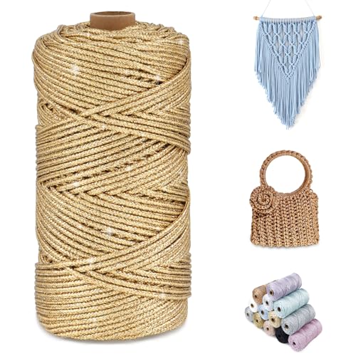 CAMAL Glitzern Makramee Garn 3mm x 100m Metallisch Garn für Taschen Häkeln & Stricken, Polyester Rope Luxus Häkelgarn für Taschen, Puppen, Decken, DIY-Dekoration (Kupfer-Gold) von CAMAL