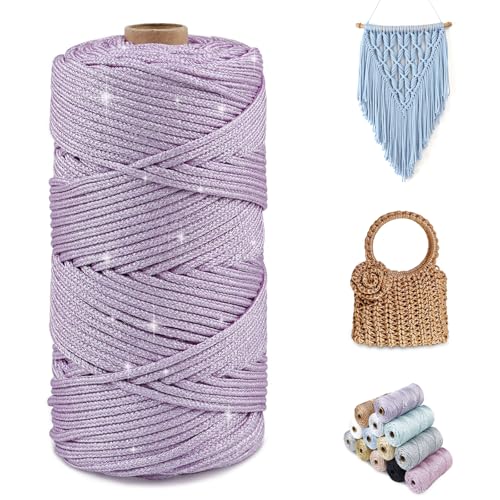 CAMAL Glitzern Makramee Garn 3mm x 100m Metallisch Garn für Taschen Häkeln & Stricken, Polyester Rope Luxus Häkelgarn für Taschen, Puppen, Decken, DIY-Dekoration (Lila-Silber) von CAMAL