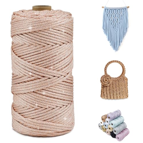CAMAL Glitzern Makramee Garn 3mm x 100m Metallisch Garn für Taschen Häkeln & Stricken, Polyester Rope Luxus Häkelgarn für Taschen, Puppen, Decken, DIY-Dekoration (Pfirsich-Gold) von CAMAL