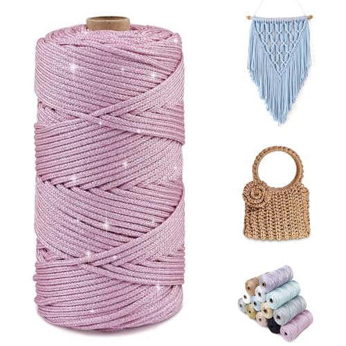 CAMAL Glitzern Makramee Garn 3mm x 100m Metallisch Garn für Taschen Häkeln & Stricken, Polyester Rope Luxus Häkelgarn für Taschen, Puppen, Decken, DIY-Dekoration (Rosa-Silber) von CAMAL