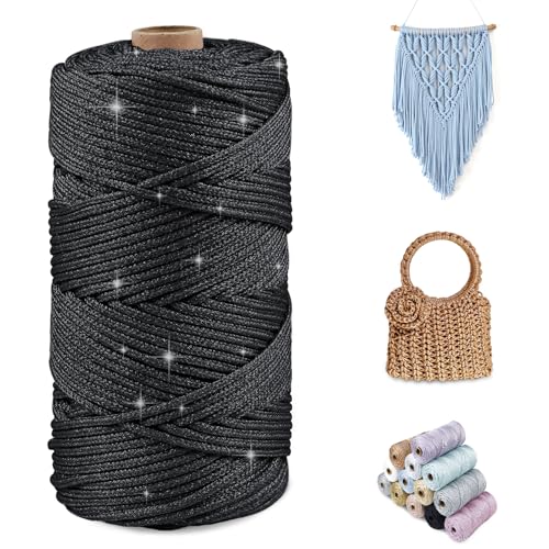 CAMAL Glitzern Makramee Garn 3mm x 100m Metallisch Garn für Taschen Häkeln & Stricken, Polyester Rope Luxus Häkelgarn für Taschen, Puppen, Decken, DIY-Dekoration (Schwarz) von CAMAL