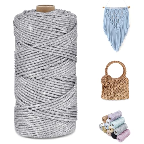 CAMAL Glitzern Makramee Garn 3mm x 100m Metallisch Garn für Taschen Häkeln & Stricken, Polyester Rope Luxus Häkelgarn für Taschen, Puppen, Decken, DIY-Dekoration (Silber) von CAMAL