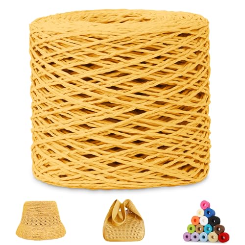 CAMAL Raffia Garn zum Häkeln, Papierdraht Bastband zum Basteln 1.5mm x 200m Raffia Bast Bunt Papiergarn zum Häkeln Von Taschen, Strandmütze, DIY Handarbeiten (Gelb) von CAMAL