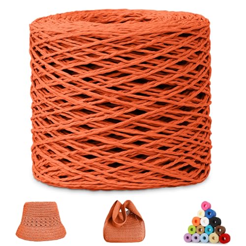 CAMAL Raffia Garn zum Häkeln, Papierdraht Bastband zum Basteln 1.5mm x 200m Raffia Bast Bunt Papiergarn zum Häkeln Von Taschen, Strandmütze, DIY Handarbeiten (Orange) von CAMAL