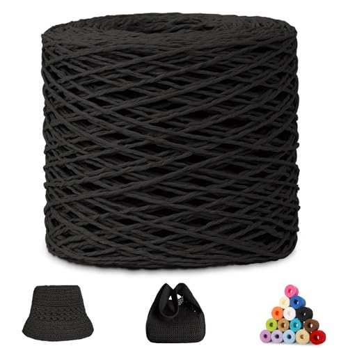 CAMAL Raffia Garn zum Häkeln, Papierdraht Bastband zum Basteln 1.5mm x 200m Raffia Bast Bunt Papiergarn zum Häkeln Von Taschen, Strandmütze, DIY Handarbeiten (Schwarz) von CAMAL
