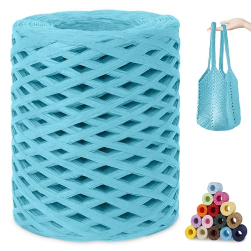 CAMAL Raffia Garn zum Häkeln, Papierdraht Bastband zum Basteln 3mm x 200m Raffia Bast Bunt Papiergarn zum Häkeln Von Taschen, Strandmütze, DIY Handarbeiten (Blau) von CAMAL