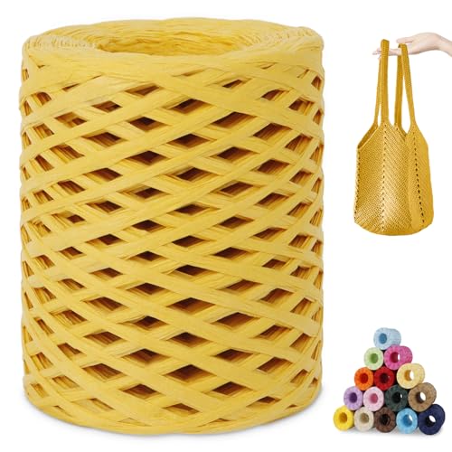 CAMAL Raffia Garn zum Häkeln, Papierdraht Bastband zum Basteln 3mm x 200m Raffia Bast Bunt Papiergarn zum Häkeln Von Taschen, Strandmütze, DIY Handarbeiten (Gelb) von CAMAL