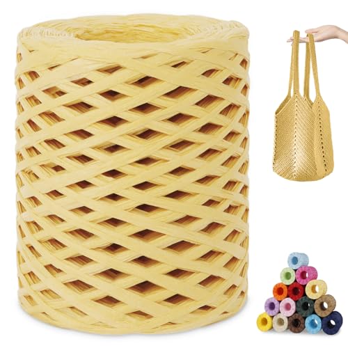 CAMAL Raffia Garn zum Häkeln, Papierdraht Bastband zum Basteln 3mm x 200m Raffia Bast Bunt Papiergarn zum Häkeln Von Taschen, Strandmütze, DIY Handarbeiten (Hellgelb) von CAMAL
