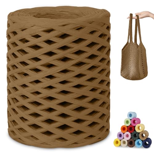 CAMAL Raffia Garn zum Häkeln, Papierdraht Bastband zum Basteln 3mm x 200m Raffia Bast Bunt Papiergarn zum Häkeln Von Taschen, Strandmütze, DIY Handarbeiten (Hellkaffee) von CAMAL