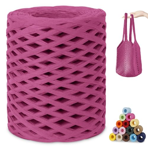 CAMAL Raffia Garn zum Häkeln, Papierdraht Bastband zum Basteln 3mm x 200m Raffia Bast Bunt Papiergarn zum Häkeln Von Taschen, Strandmütze, DIY Handarbeiten (Rosa Rot) von CAMAL