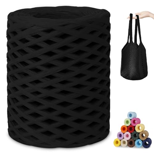 CAMAL Raffia Garn zum Häkeln, Papierdraht Bastband zum Basteln 3mm x 200m Raffia Bast Bunt Papiergarn zum Häkeln Von Taschen, Strandmütze, DIY Handarbeiten (Schwarz) von CAMAL