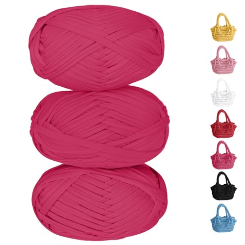 CAMAL Tshirt Garn zum Häkeln 3 Stück / 300g T-Shirt Textilgarn zum Häkeln, Elastisches T shirt Garn für Anfänger Stricken von Schals, Hüten, Taschen, DIY Heimdekoration (Rosa Rot) von CAMAL