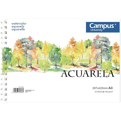 Campus University - Skizzenblock A3 Aquarellpapier mit Spirale, 20 Blatt, 190 g, blanko, für Aquarell, Wasserfarben, Temperafarben (A3) von Campus University