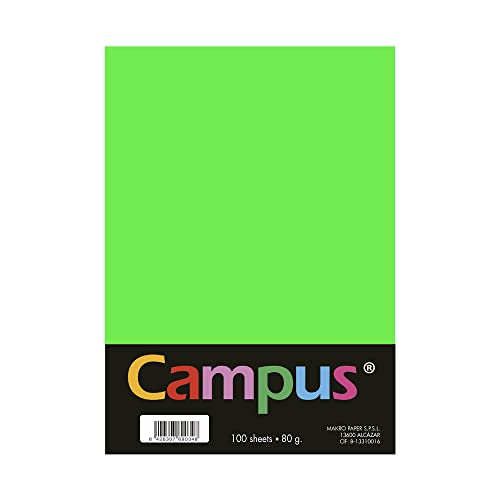 Plus Office Buntpapier, A4, 80 g/m², 210 x 297 mm, A4-Papier, weich, ideal für Buchbinden, Büro, Zeichnen, Basteln, Neongrün, 100 Stück von Campus