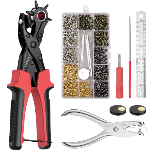 CAMWAY Lochzange Druckknopf Set, 2 In 1 Gürtellochzange + 240x Ledernieten, Heavy Duty Revolverlochzange Hebelübersetzung Lochzange - Leder Locher mit 2x Punch Platten und Lineal, für Leder Papier usw CAMWAY Lochzange Druckknopf Set, 2 In 1 Gürtellochzange + 240x Ledernieten, Heavy Duty Revolverlochzange Hebelübersetzung Lochzange - Leder Locher mit 2x Punch Platten und Lineal, für Leder Papier usw von CAMWAY