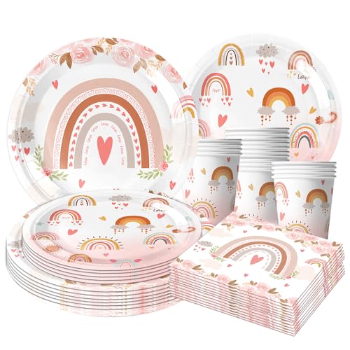 50 Teile Boho Regenbogen Partygeschirr Set,Magischer Boho Geburtstag Geschirr Party Deko mit Papier Teller Becher Servietten für Boho Party Kindergeburtstag Boho Partyzubehör Dekoration Set von CANCJ