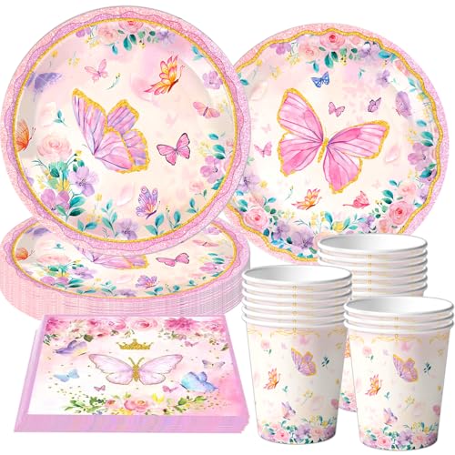 50 Teile Schmetterling Partygeschirr Set, Schmetterling Geburtstag Deko Pappgeschirr Pappteller, Becher, Servietten Party Dekoration für 10 Gäste Kindergeburtstag Party Dekoration Geschirrset Kinder von CANCJ