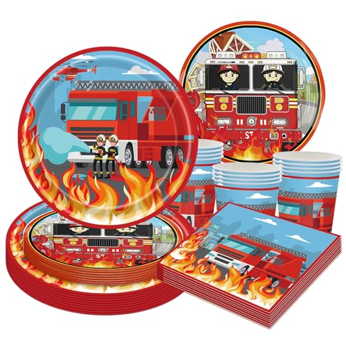 50 Teiliges Feuerwehrauto Partygeschirr Set, Feuerwehrmann Geburtstag Deko mit Papptellern Bechern und Servietten für Fireman Kindergeburtstag Partyzubehör Jungen von CANCJ