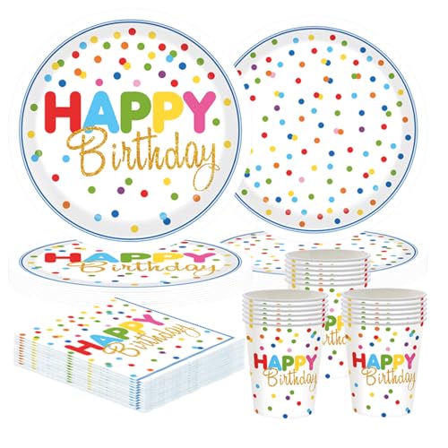 Buntes Polka Dot Geburtstag Partygeschirr Set, 50-teiliges Geburtstagsgeschirr für 10 Gäste mit Tellern, Tassenn & Servietten – Perfekt für Kindergeburtstage Jungen Mädchen von CANCJ