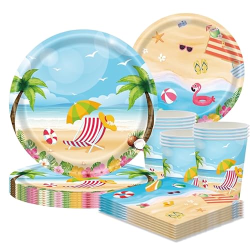 CANCJ Sommer Partygeschirr Set, 50-teiliges Strand Party Set mit Tellern, Tassenn & Servietten,Einweggeschirr für Kindergeburtstag & Sommerparty Dekorationen von CANCJ