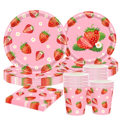 Erdbeer Partygeschirr Set für 10 Gäste – 50-teiliges Pappteller 9"/7", PappTassen, Servietten – Erdbeere Deko Kindergeburtstag Mädchen Frühling Sommer Mottoparty Picknick Partyset von CANCJ
