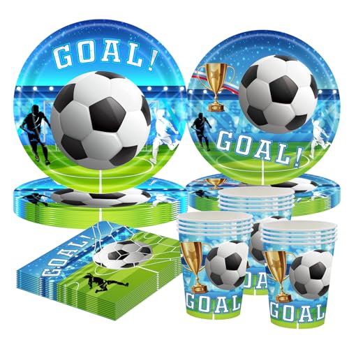Fußball Partygeschirr Set,Fußball Party Geburtstag Deko für 10 Personen mit Pappteller, Tassen, Servietten, Einweggeschirr für Mädchen Junge,Kindergeburtstag, EM 2025, Fußballparty, Fanartikel von CANCJ