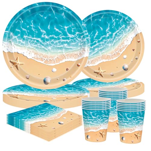 Ozean Strand Partygeschirr Set, 50-teiliges Ozean Geburtstag Party Set mit Papptellern, Tassenn & Servietten – für 10 Sommer Meeresdeko für Kindergeburtstag Party Deko von CANCJ