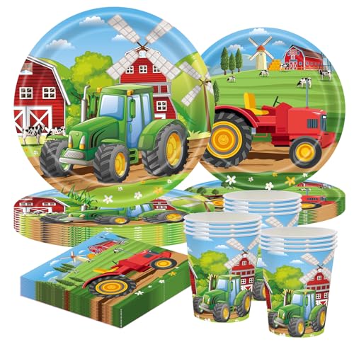 Traktor Partygeschirr Set, 10 Gäste Bauernhof Kindergeburtstag Deko, Pappteller 9"/7", Tassen, Servietten für Traktor Geburtstag Mottoparty Einweggeschirr für Jungen Mädchen von CANCJ