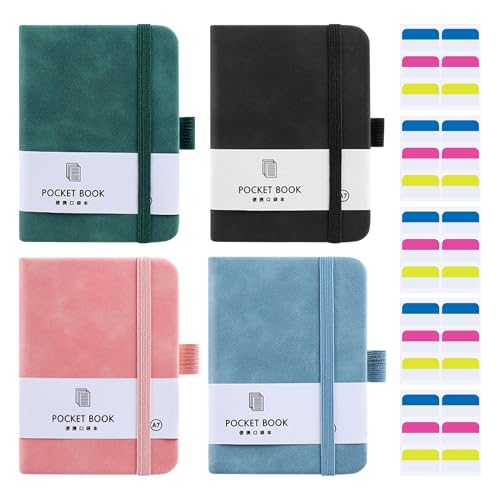 CANCYCC 4 Stück Notizbuch Klein A7, Mini Notizbuch A7 Notizblock Klein für Männer Frauen mit 30 Stk Haftstreifen, 200 Seiten, Taschen Journal mit Stifthalter, Gummizugverschluss für Schule, Arbeit von CANCYCC