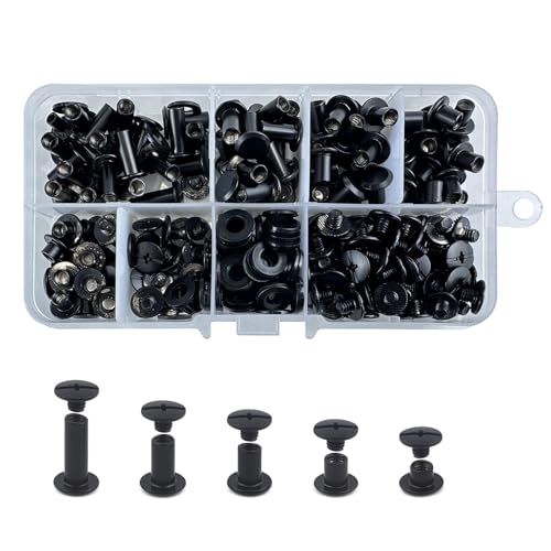 CANGCANG 100 Satz Gürtelschrauben Schwarz,Chicago Buchschrauben M5* 4/6/8/10/12mm Binding Schrauben kit 5 Größen Schraube Metallzubehör Nägel Nieten Chicago Button für Ledergürtel DIY Leder von CANGCANG