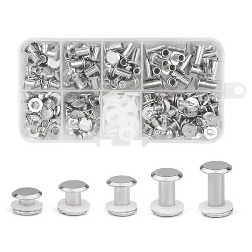 CANGCANG 100 Satz Buchschrauben Edelstahl, Chicago Buchschrauben M5*4/6/8/10/12mm kit 5 Größen Schraube Metallzubehör Nägel Nieten Chicago Button für Gürtel Menüs Buch Papier DIY Basteln ﻿ (Silber) von CANGCANG