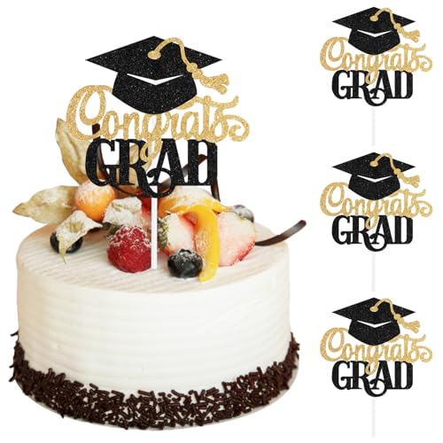 3 Stück "Congrats Grad Graduation Cake Topper 2024", Klasse 2024 Cake Topper Abschlussdekorationen schwarzer Glitzer, College-Abschlusskuchendekorationen, Abschlussparty-Dekorationen von CANIPHA