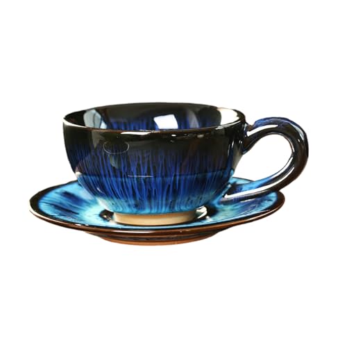 CAPIJIONG 150ml/5oz Europäische Keramik Brennofen Transformation Kaffeetasse und Teller Set mit gebürsteter Glasur Retro Teetasse Tintenblau von CAPIJIONG