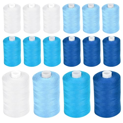 CAREDGO Nähgarn, 16 Spulen Nähgarn Sewing Thread Nähmaschinengarn Quiltgarn Nähfaden Blau und Weiß Overlockgarn Set mit Spulen Nähmaschine Garn 4 Rollen von jeder Farbe Stickgarn für Nähmaschine von CAREDGO