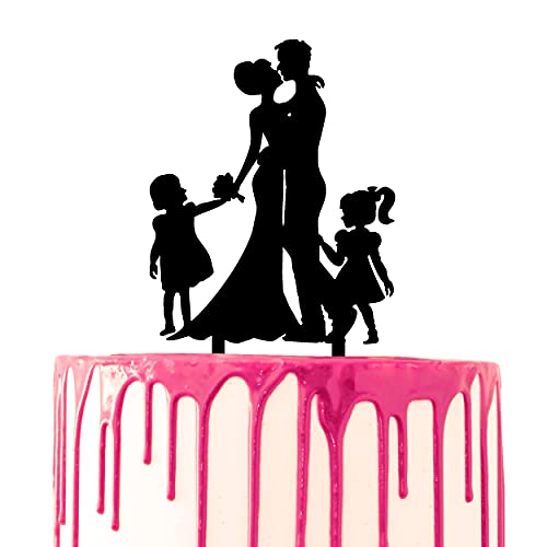 CARISPIBET Dekorativer Tortenaufsatz Paar umarmt mit zwei verspielten Töchtern Hochzeitstag Kuchen dekorative Acryl-Silhouette von CARISPIBET