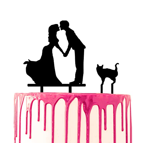 CARISPIBET Dekorativer Tortenaufsatz für Braut und Bräutigam, hält Hände für einen Kuss mit einer Katze an ihrer Seite, Acryl-Silhouette von CARISPIBET